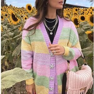 OLIVIA RUBIN Mika Cardigan Sweater Pastel Stripe Sequin Rhinestone Flower {TT15}